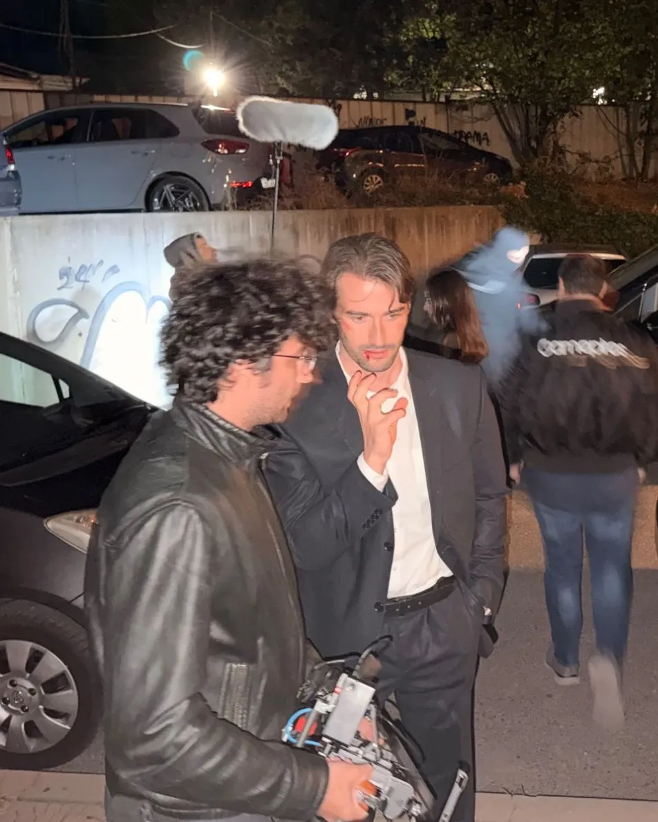 Martin Mednikarov on a night shoot, talking with the camera operator